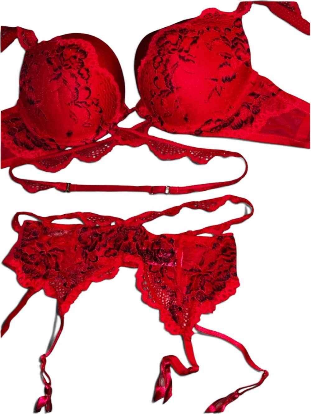 LaSenza Beyond Sexy Red Lace Push-Up Bra 32DD with Matching Lace Garter SZ SM